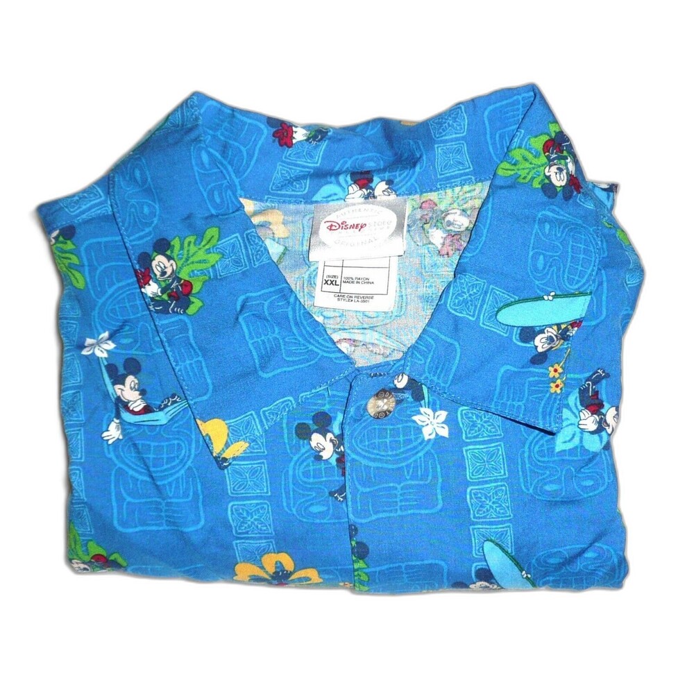 Disney Store Blue Mickey Mouse Surfer Tiki Aloha Hawaiian Camp Shirt Men XXL